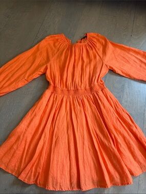 J. Crew Bright Orange Long-Sleeve Waist-Smocked linen